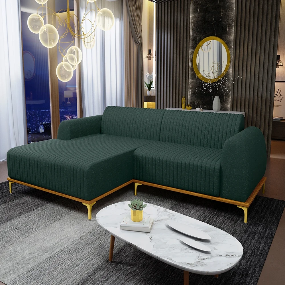Sofá 230cm 4 Lugares com Chaise Esquerdo Pés Gold Molino C-117 Linho Verde - Domi