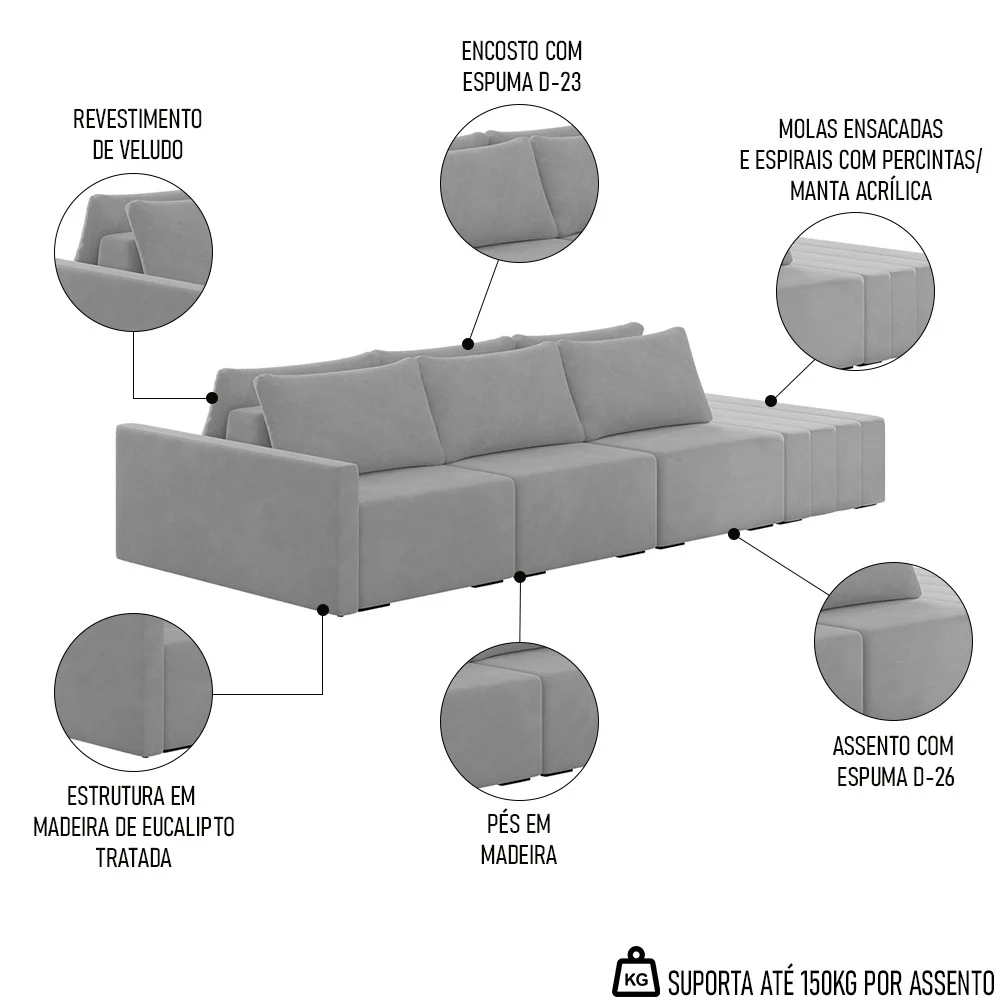 Sofá Ilha Modular com Puff para Sala Living 342cm Georgia Z08 Veludo Cinza - Mpozenato