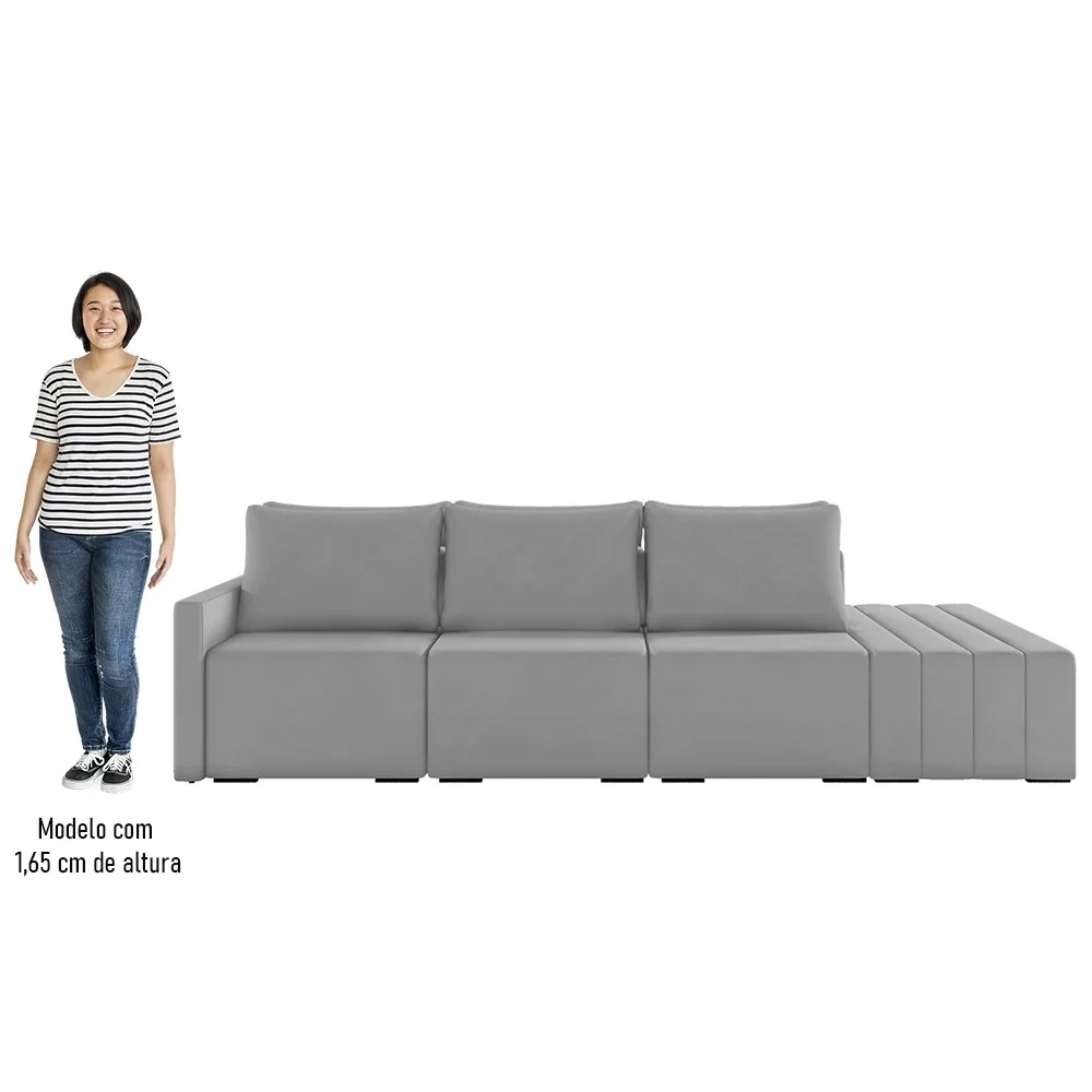 Sofá Ilha Modular com Puff para Sala Living 342cm Georgia Z08 Veludo Cinza - Mpozenato