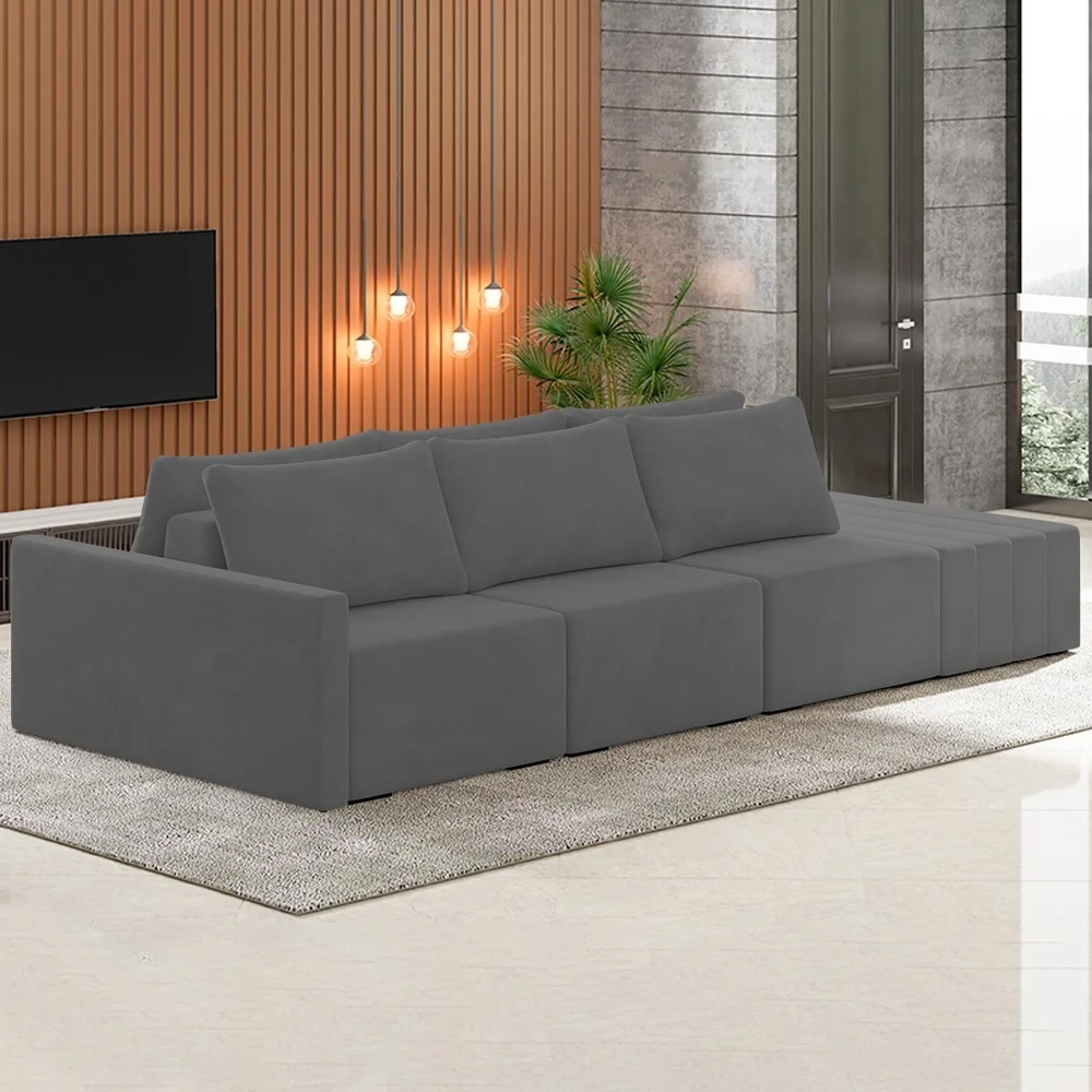 Sofá Ilha Modular com Puff para Sala Living 342cm Georgia Z08 Veludo Cinza Escuro - Mpozenato