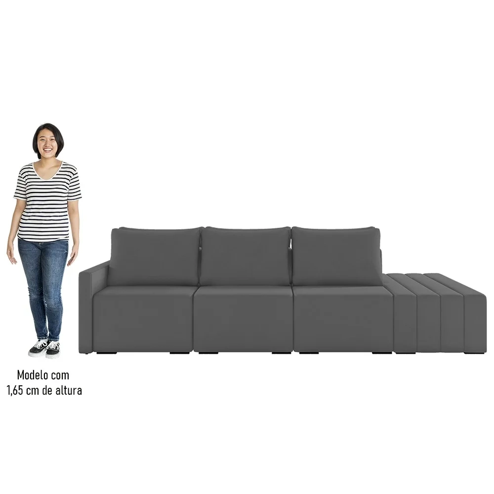 Sofá Ilha Modular com Puff para Sala Living 342cm Georgia Z08 Veludo Cinza Escuro - Mpozenato