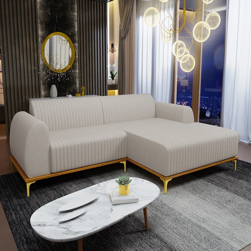 Sofá 230cm 4 Lugares com Chaise Direito Pés Gold Molino C-107 Linho Bege - Domi