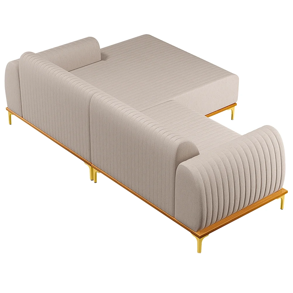 Sofá 230cm 4 Lugares com Chaise Direito Pés Gold Molino C-107 Linho Bege - Domi