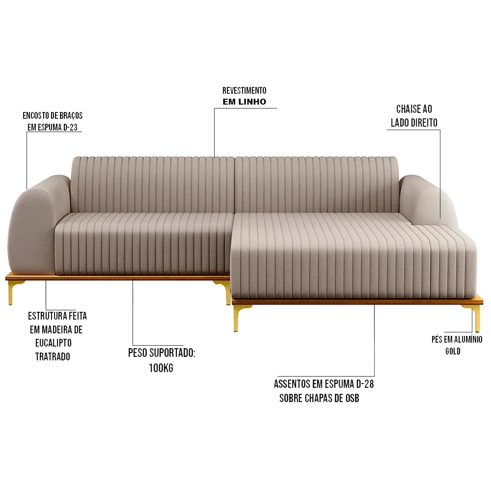 Sofá 230cm 4 Lugares com Chaise Direito Pés Gold Molino C-107 Linho Bege - Domi