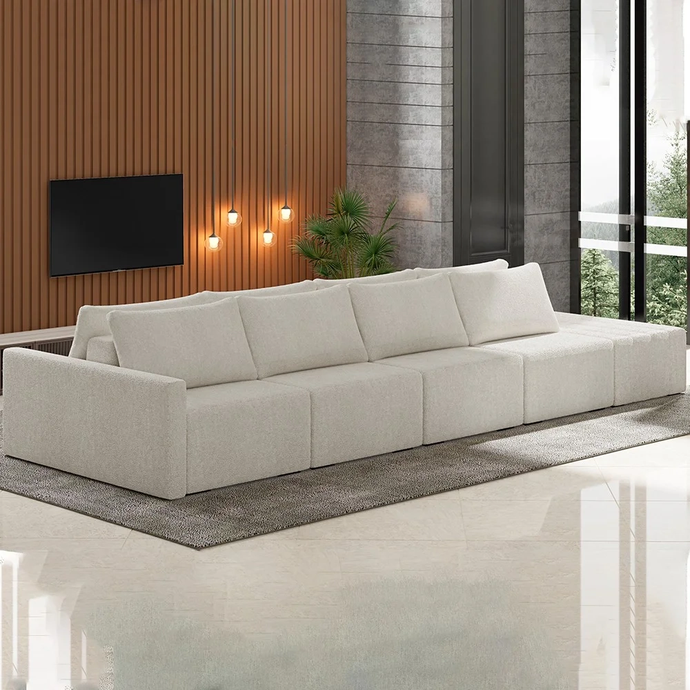 Sofá Ilha Modular com Puff para Sala Living 392cm Georgia Z08 Boucle Bege - Mpozenato