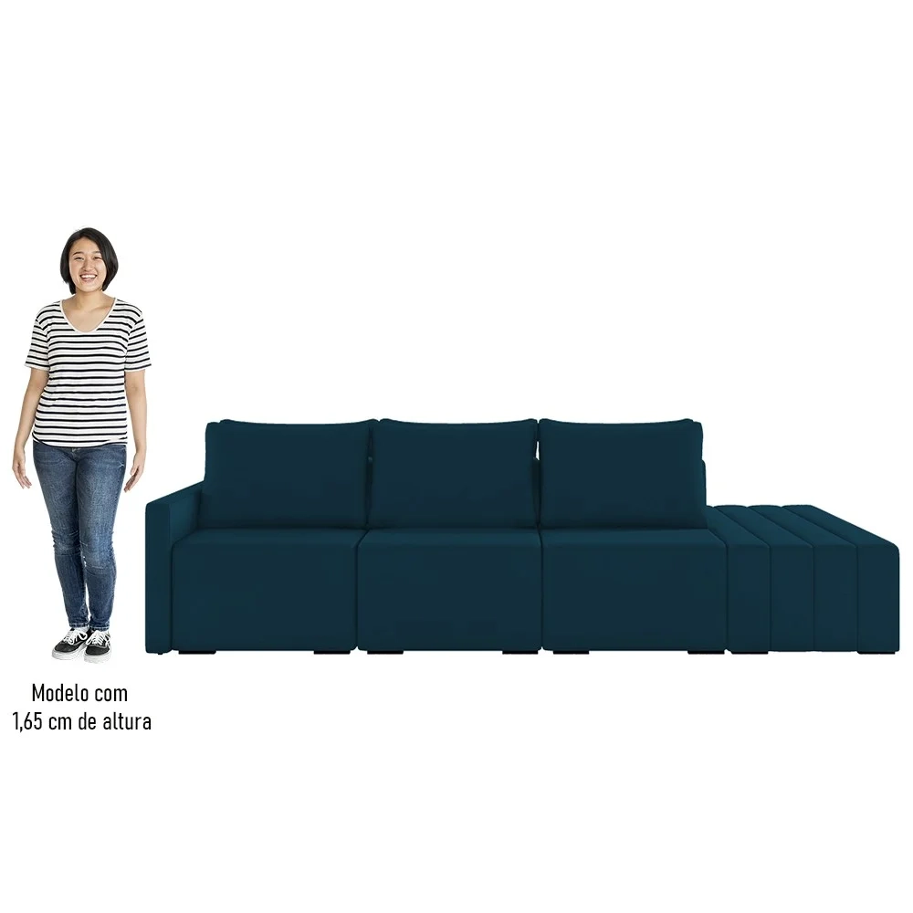 Sofá Ilha Modular com Puff para Sala Living 342cm Georgia Z08 Veludo Azul - Mpozenato