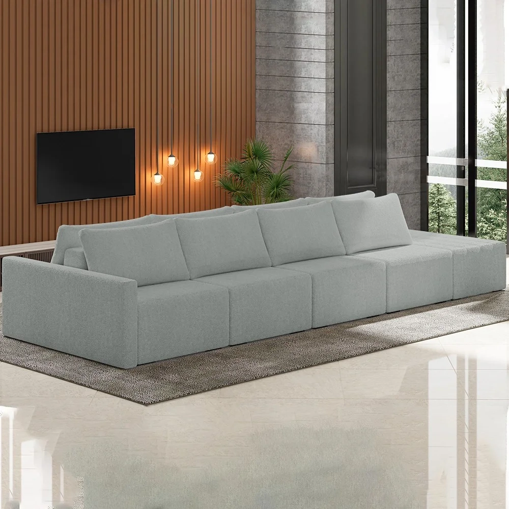 Sofá Ilha Modular com Puff para Sala Living 392cm Georgia Z08 Boucle Cinza Claro - Mpozenato