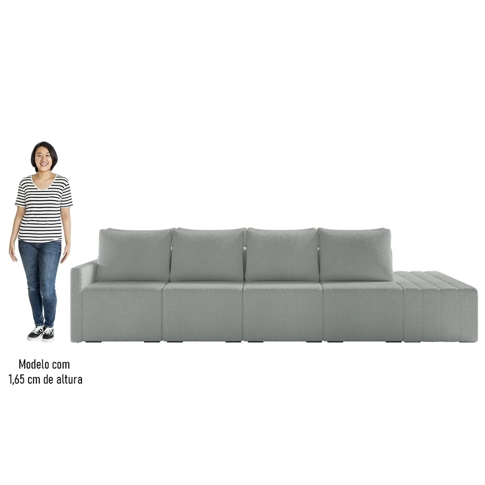 Sofá Ilha Modular com Puff para Sala Living 392cm Georgia Z08 Boucle Cinza Claro - Mpozenato