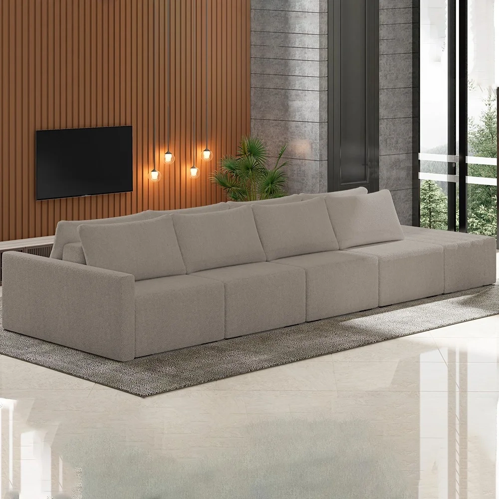 Sofá Ilha Modular com Puff para Sala Living 392cm Georgia Z08 Boucle Bege Escuro - Mpozenato