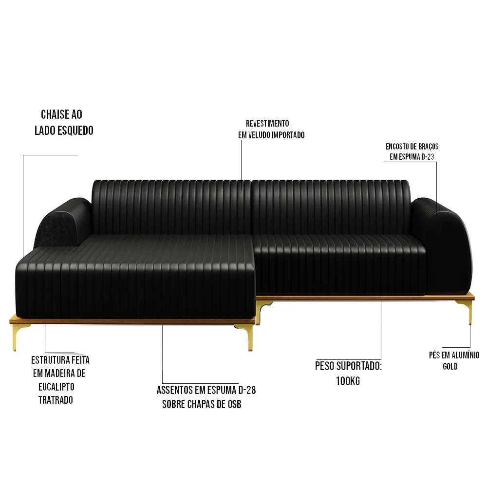 Sofá 245cm 4 Lugares com Chaise Esquerdo Pés Gold Molino B-159 Corano Preto - Domi