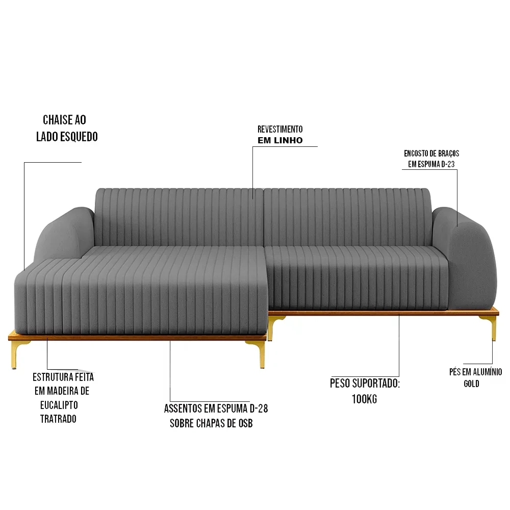 Sofá 245cm 4 Lugares com Chaise Esquerdo Pés Gold Molino C-416 Linho Cinza Escuro - Domi