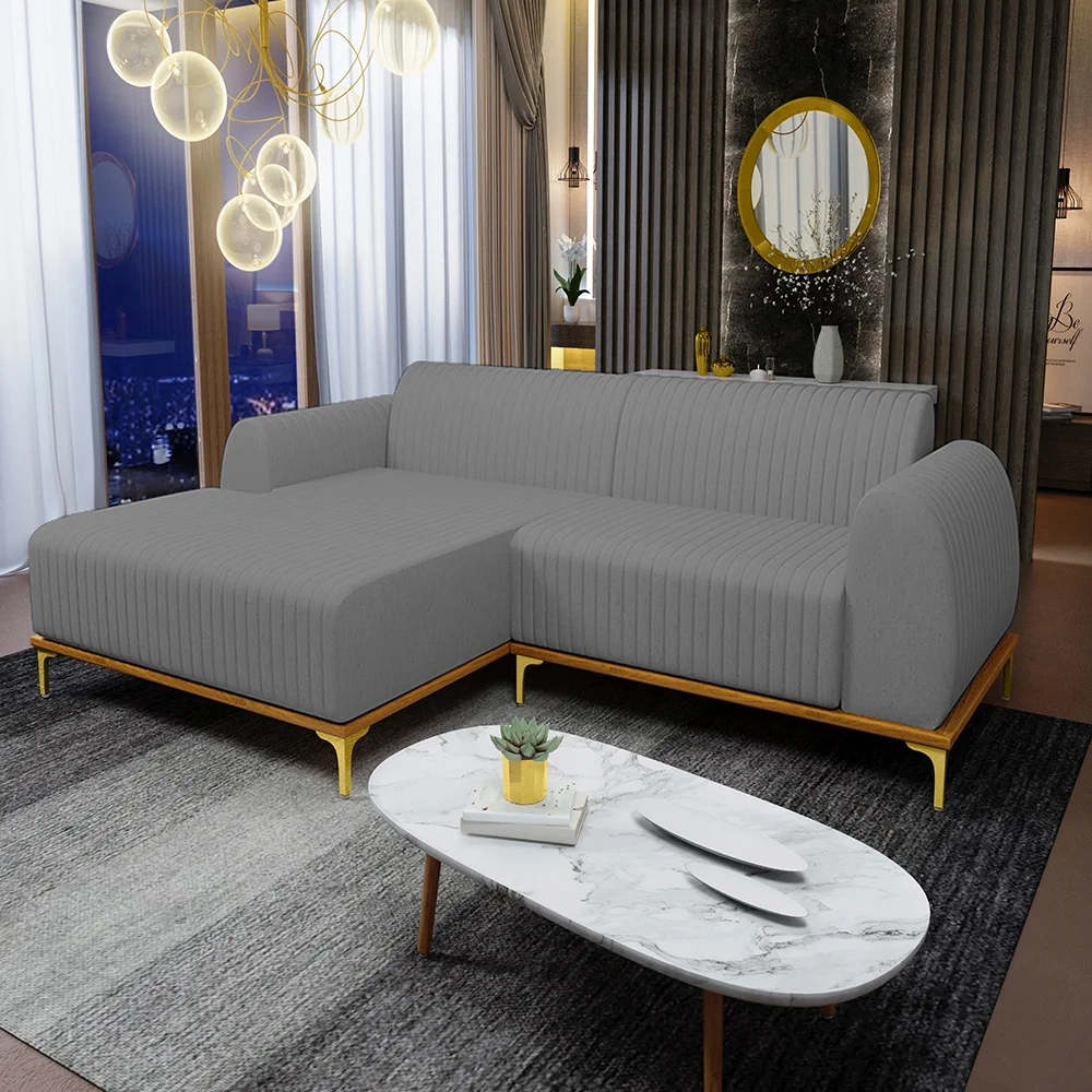 Sofá 245cm 4 Lugares com Chaise Esquerdo Pés Gold Molino C-416 Linho Cinza Escuro - Domi