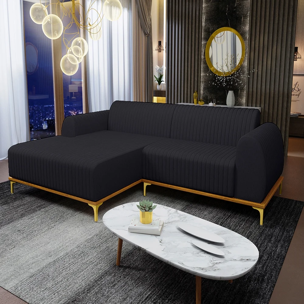 Sofá 255cm 4 Lugares com Chaise Esquerdo Pés Gold Molino D-465 Linho Chumbo - Domi