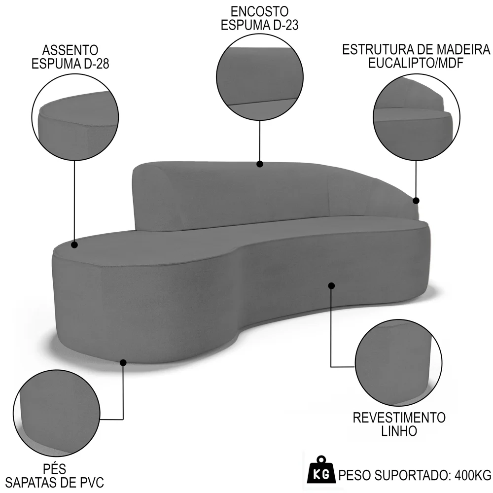 Sofá Living 4 Lugares 300cm Braço Direito Mozart D06 Linho Cinza Escuro - Mpozenato