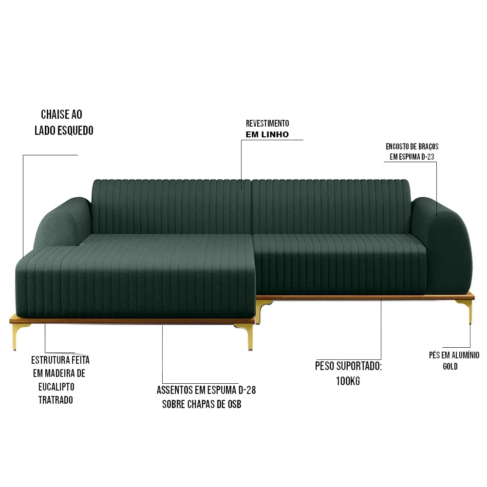 Sofá 255cm 4 Lugares com Chaise Esquerdo Pés Gold Molino C-117 Linho Verde - Domi