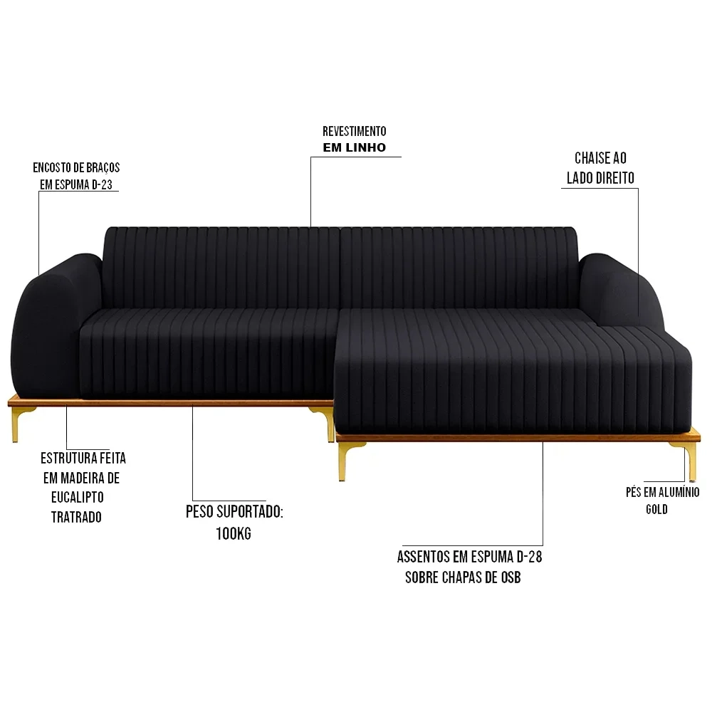 Sofá 255cm 4 Lugares com Chaise Direito Pés Gold Molino D-465 Linho Chumbo - Domi