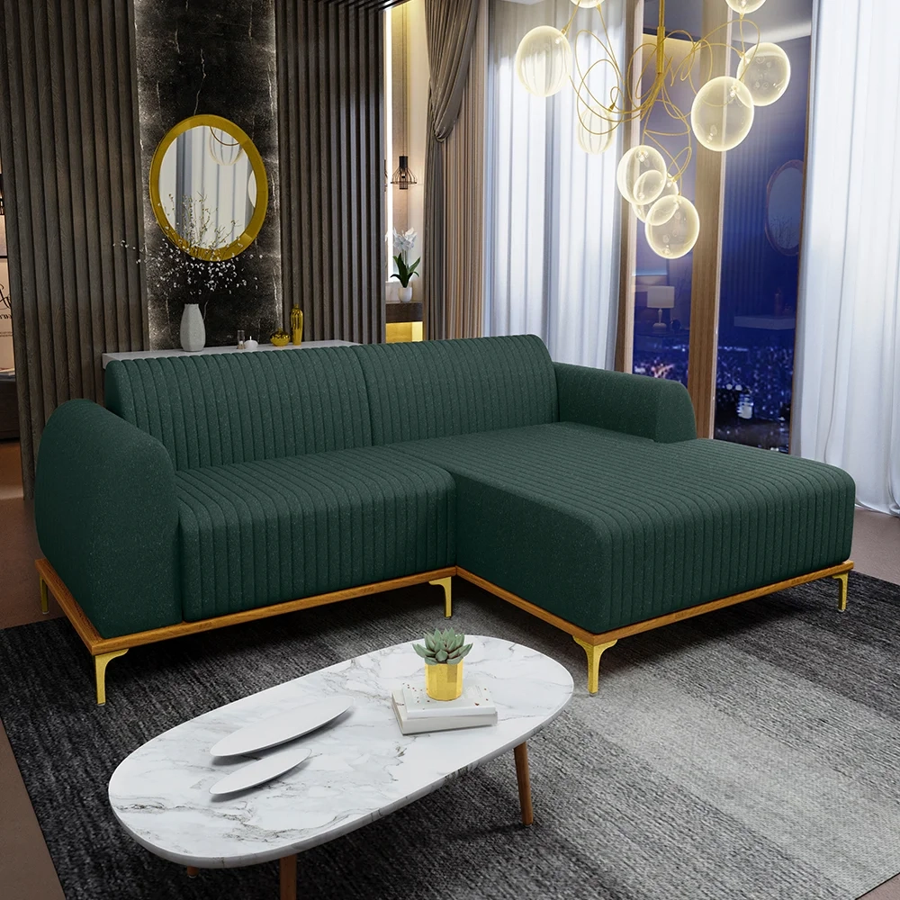 Sofá 255cm 4 Lugares com Chaise Direito Pés Gold Molino C-117 Linho Verde - Domi