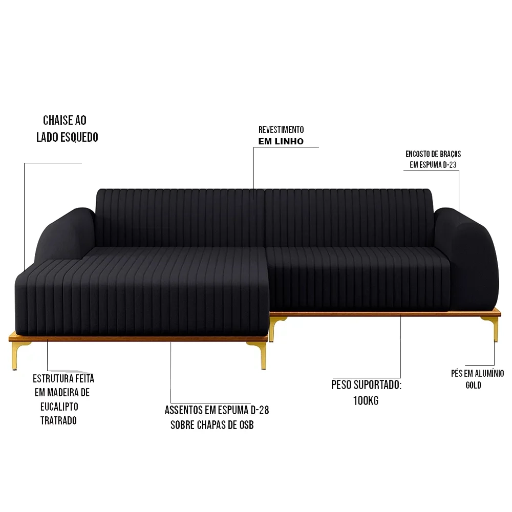 Sofá 265cm 4 Lugares com Chaise Esquerdo Pés Gold Molino D-465 Linho Chumbo - Domi