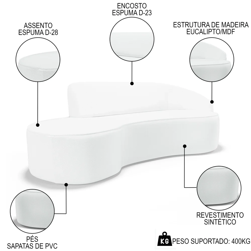 Sofá Living 4 Lugares 280cm Braço Direito Mozart D06 Sintético Branco - Mpozenato
