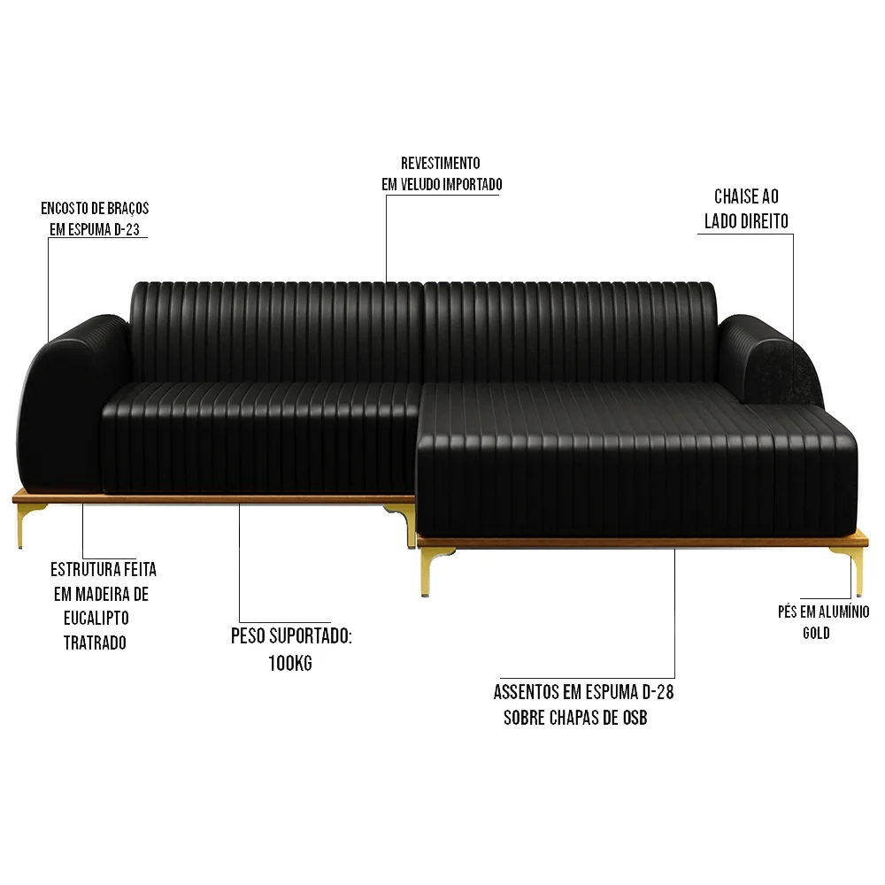 Sofá 265cm 4 Lugares com Chaise Direito Pés Gold Molino B-159 Corano Preto - Domi
