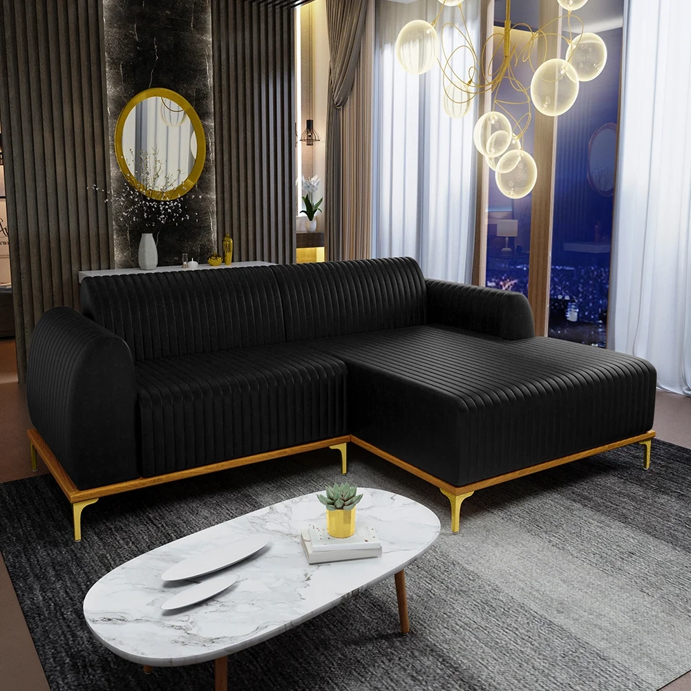 Sofá 265cm 4 Lugares com Chaise Direito Pés Gold Molino B-159 Corano Preto - Domi