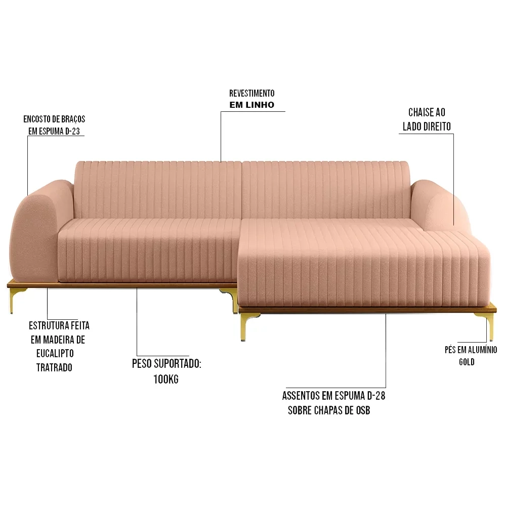 Sofá 265cm 4 Lugares com Chaise Direito Pés Gold Molino C-105 Linho Rosê - Domi