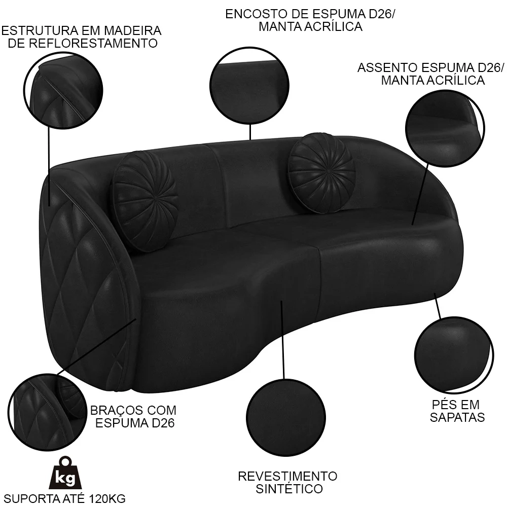 Sofá Decorativo com Almofadas 3 Lugares 240cm Tressê Zion Z32 Sintético Preto - Mpozenato