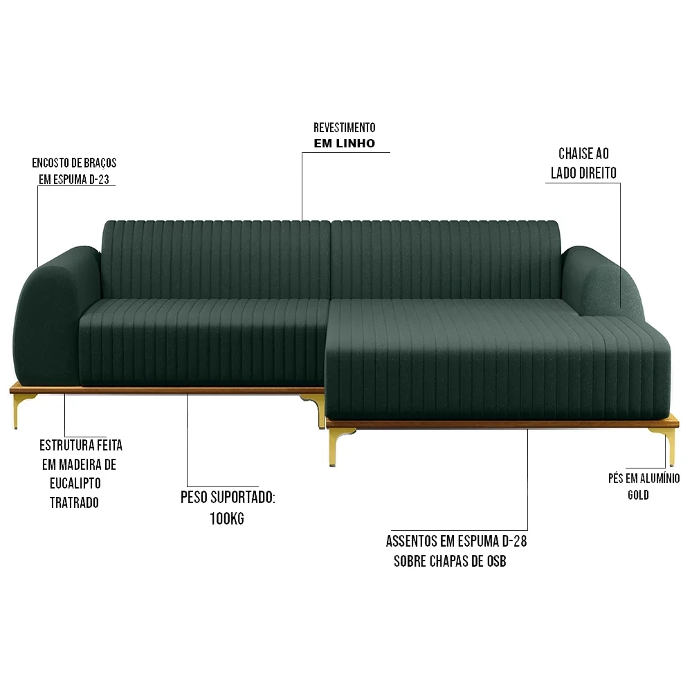 Sofá 265cm 4 Lugares com Chaise Direito Pés Gold Molino C-117 Linho Verde - Domi