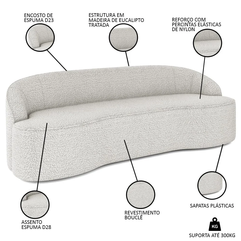Sofá 3 Lugares para Sala de Estar Living 180cm Theo D06 Boucle Creme - Mpozenato