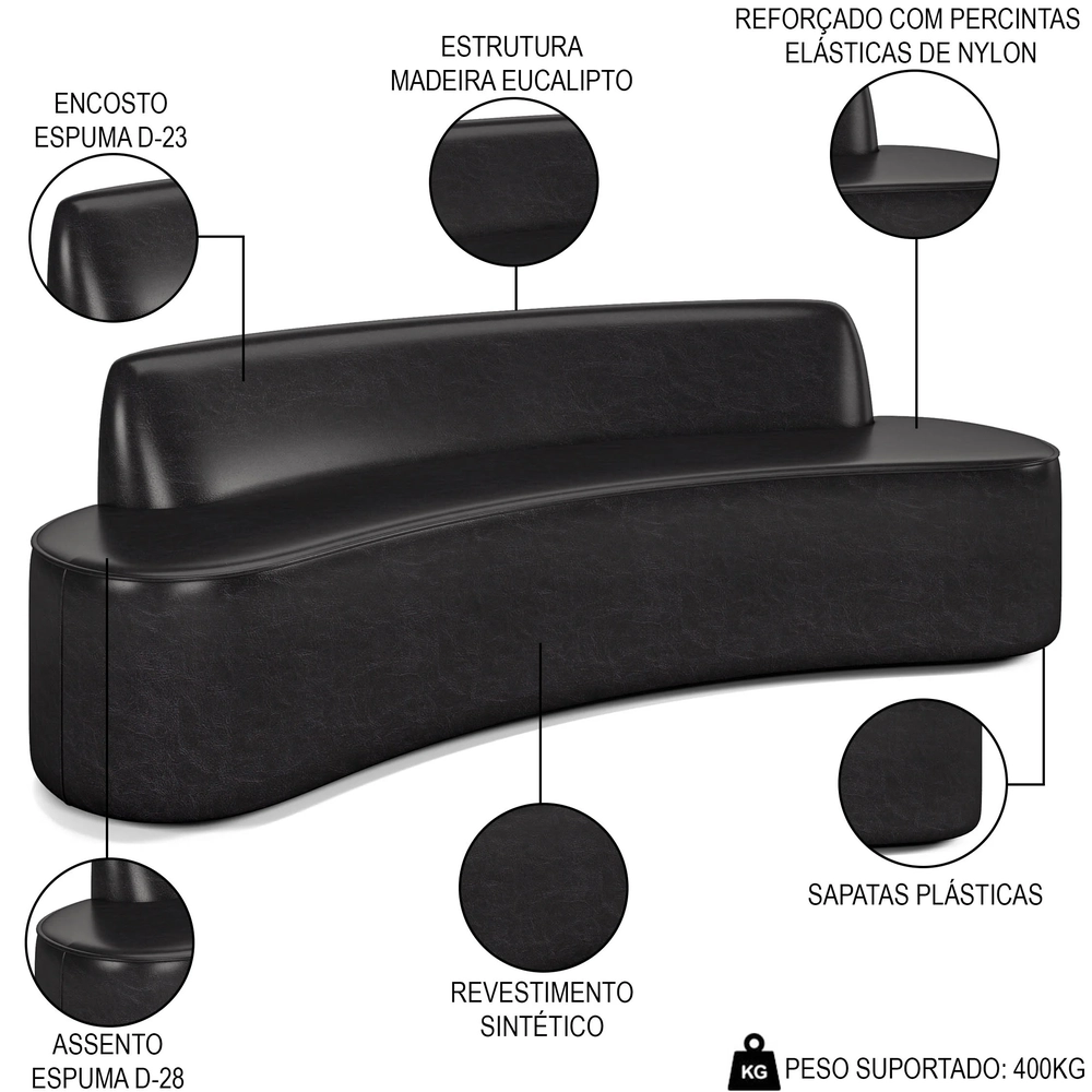 Sofá 4 Lugares para Sala de Estar Living 260cm Koane D06 Sintético Preto - Mpozenato