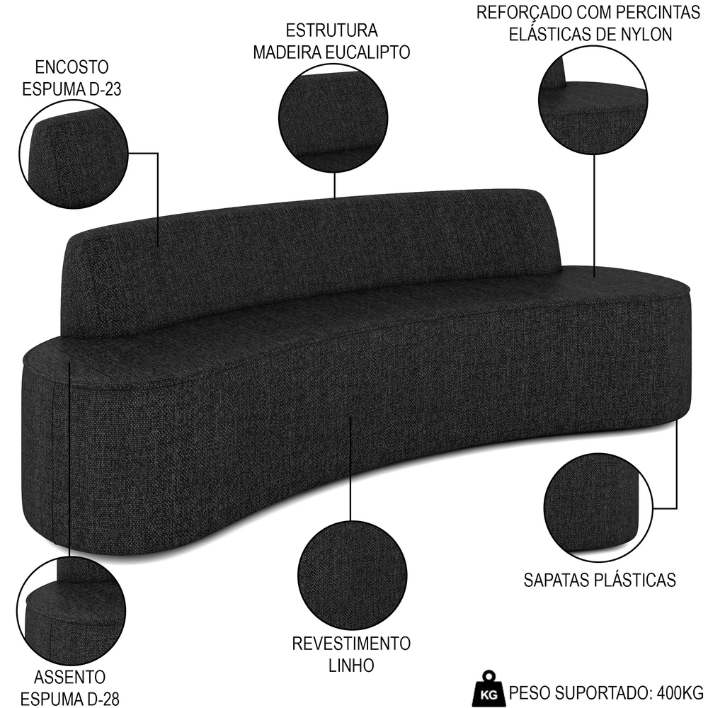 Sofá 4 Lugares para Sala de Estar Living 260cm Koane D06 Linho Preto - Mpozenato