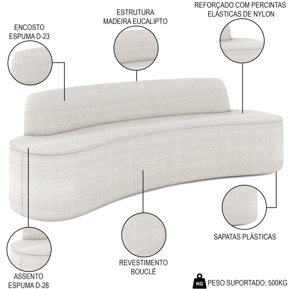 Sofá 5 Lugares para Sala de Estar Living 300cm Koane D06 Boucle Off White - Mpozenato