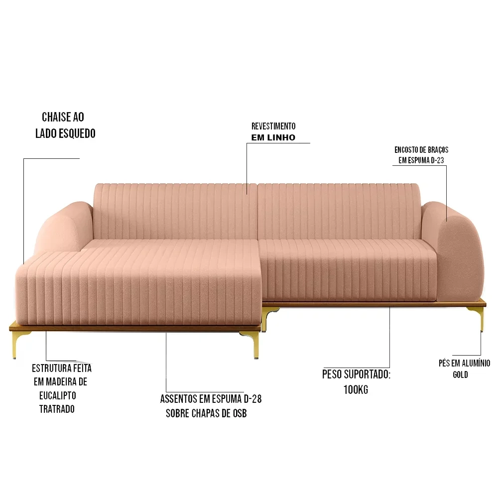 Sofá 230cm 4 Lugares com Chaise Esquerdo Pés Gold Molino C-105 Linho Rosê - Domi