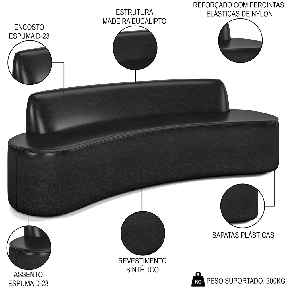 Sofá 2 Lugares para Sala de Estar Living 150cm Koane D06 Sintético Preto - Mpozenato