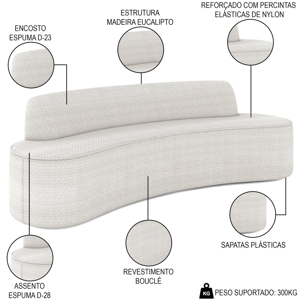 Sofá 3 Lugares para Sala de Estar Living 210cm Koane D06 Boucle Off White - Mpozenato