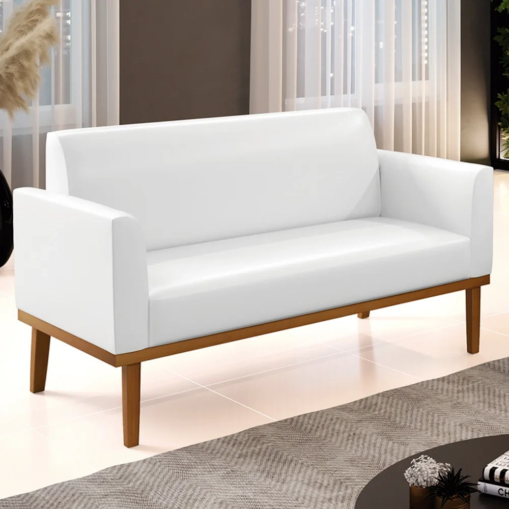 Sofá Namoradeira Base Madeira Castanho Maressa Sintético PU Branco - Ibiza