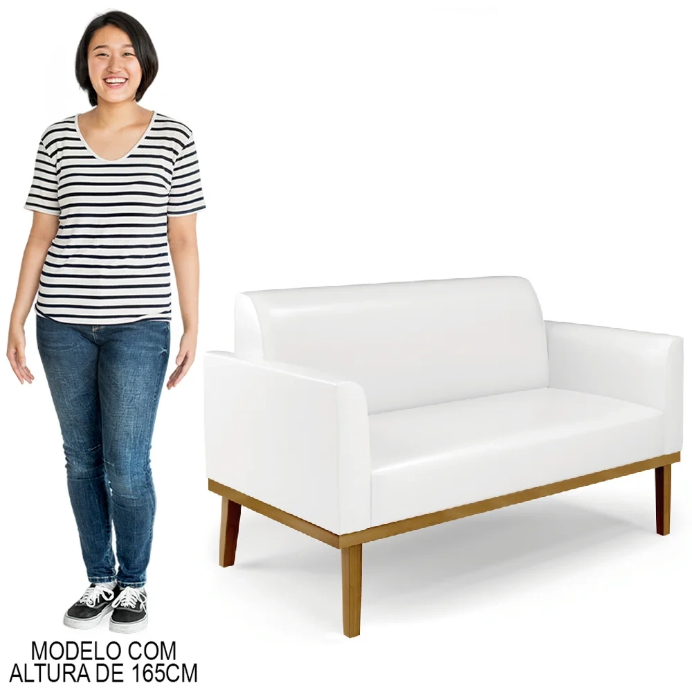 Sofá Namoradeira Base Madeira Castanho Maressa Sintético PU Branco - Ibiza