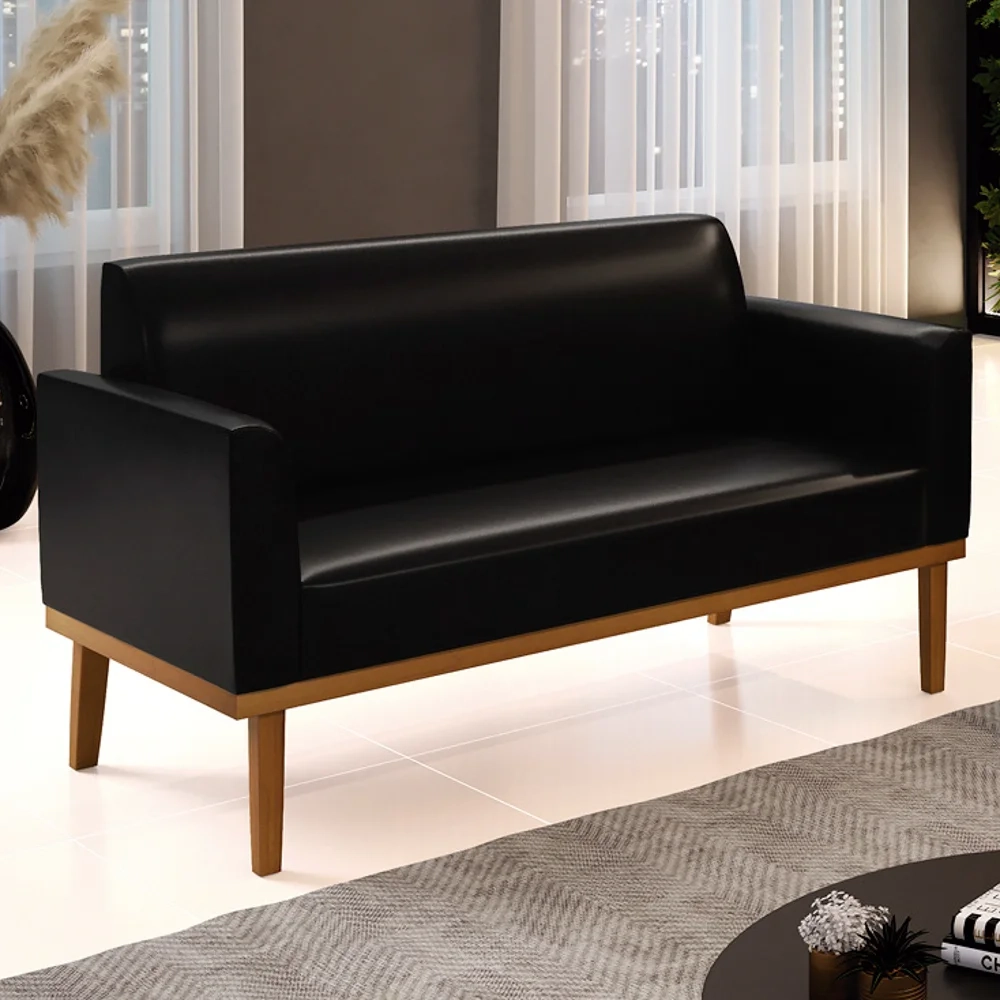 Sofá Namoradeira Base Madeira Castanho Maressa Sintético PU Preto - Ibiza