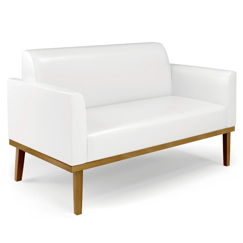Sofá Namoradeira e 2 Poltronas Base Madeira Castanho Maressa Sintético PU Branco - Ibiza