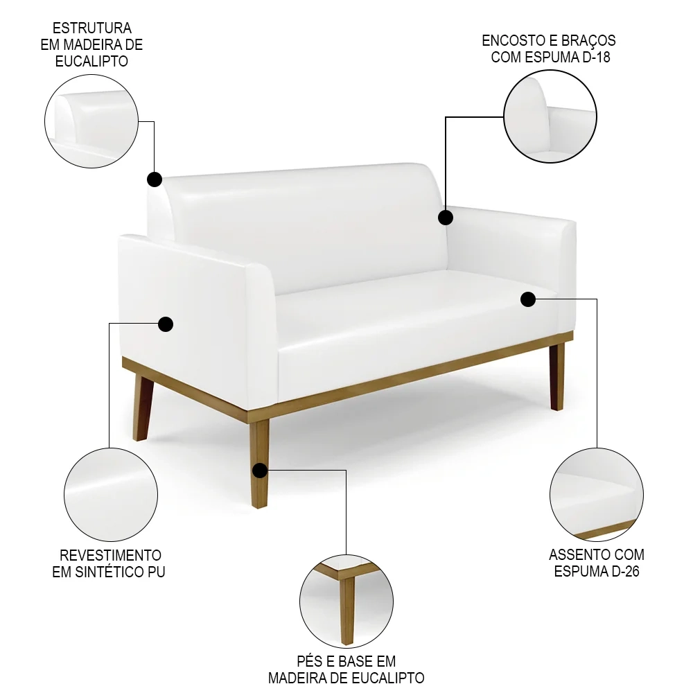 Sofá Namoradeira e 2 Poltronas Base Madeira Castanho Maressa Sintético PU Branco - Ibiza