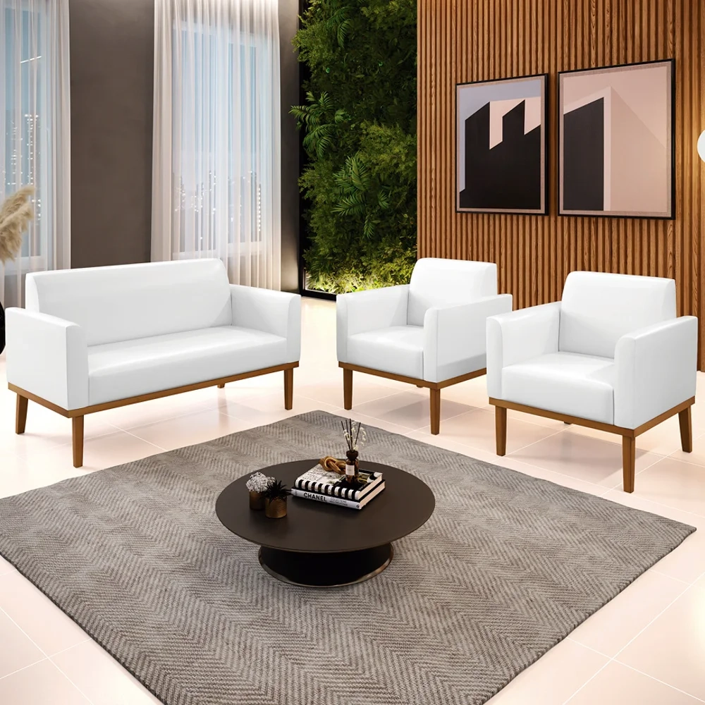 Sofá Namoradeira e 2 Poltronas Base Madeira Castanho Maressa Sintético PU Branco - Ibiza