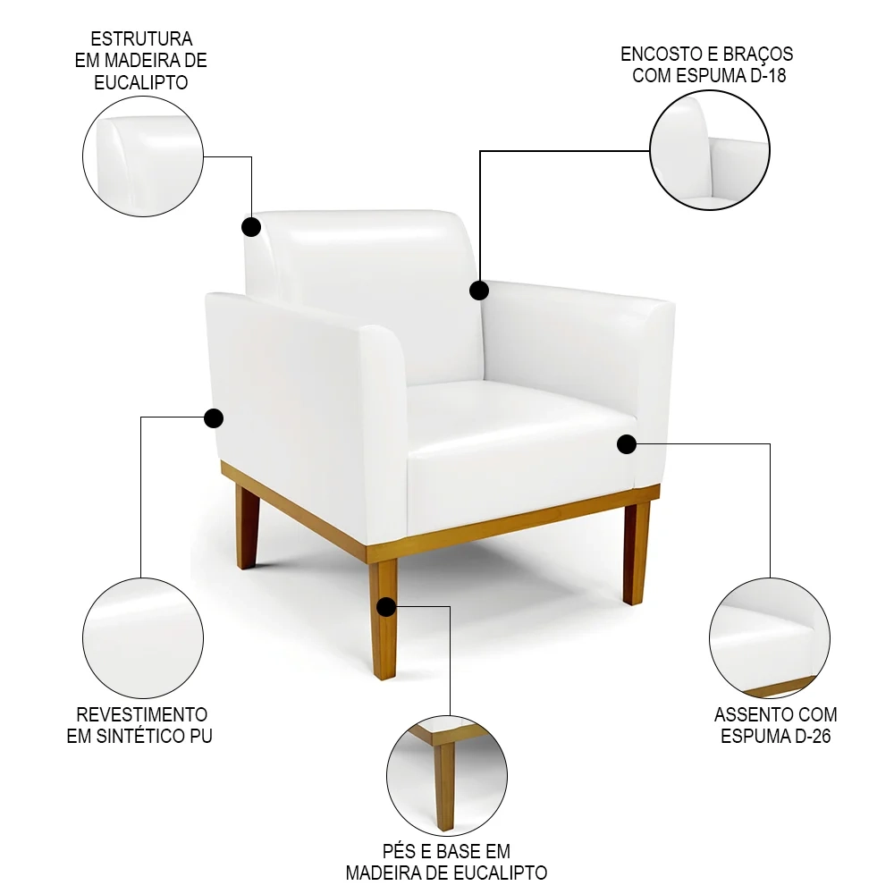Sofá Namoradeira e 2 Poltronas Base Madeira Castanho Maressa Sintético PU Branco - Ibiza