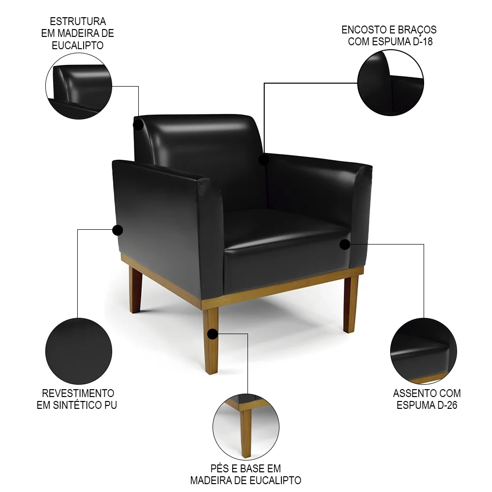 Sofá Namoradeira e 2 Poltronas Base Madeira Castanho Maressa Sintético PU Preto - Ibiza