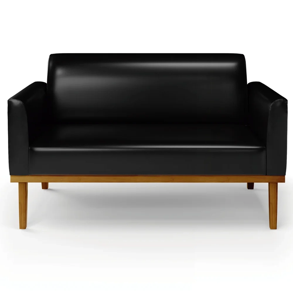 Sofá Namoradeira e 2 Poltronas Base Madeira Castanho Maressa Sintético PU Preto - Ibiza