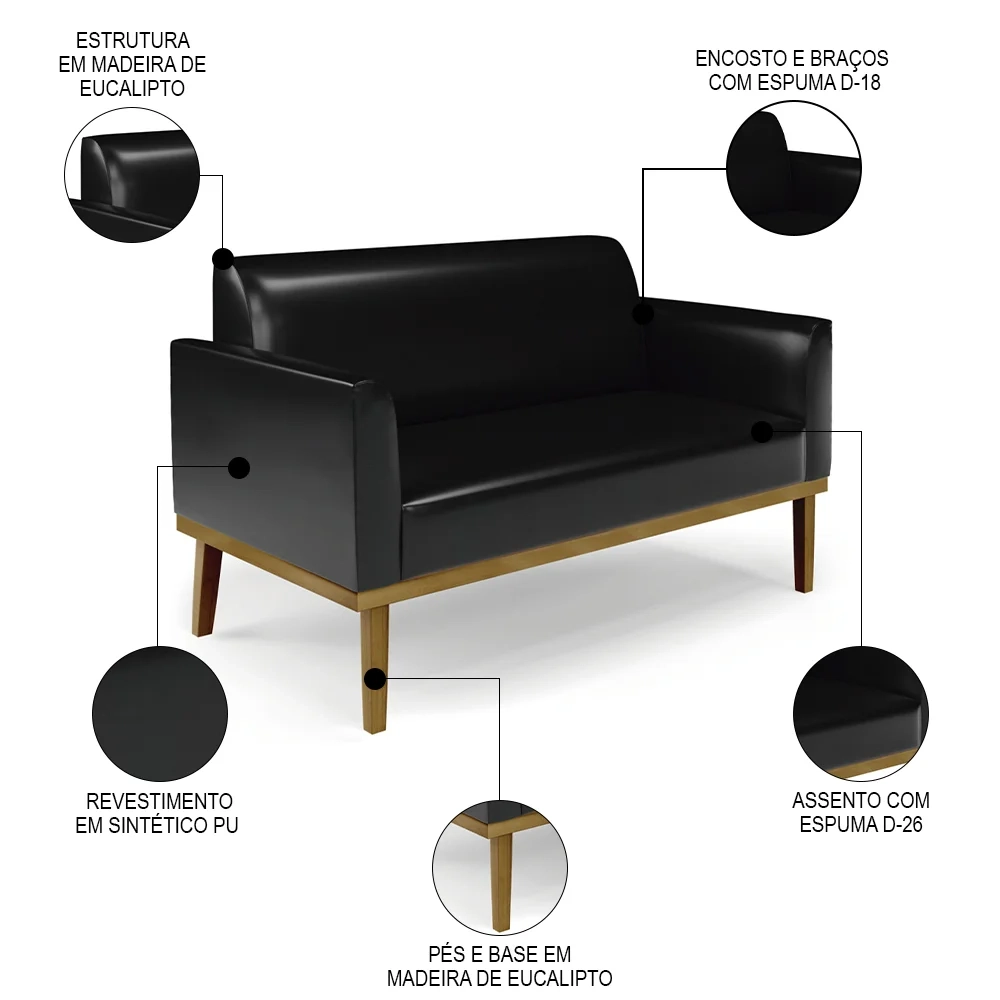 Sofá Namoradeira e 2 Poltronas Base Madeira Castanho Maressa Sintético PU Preto - Ibiza