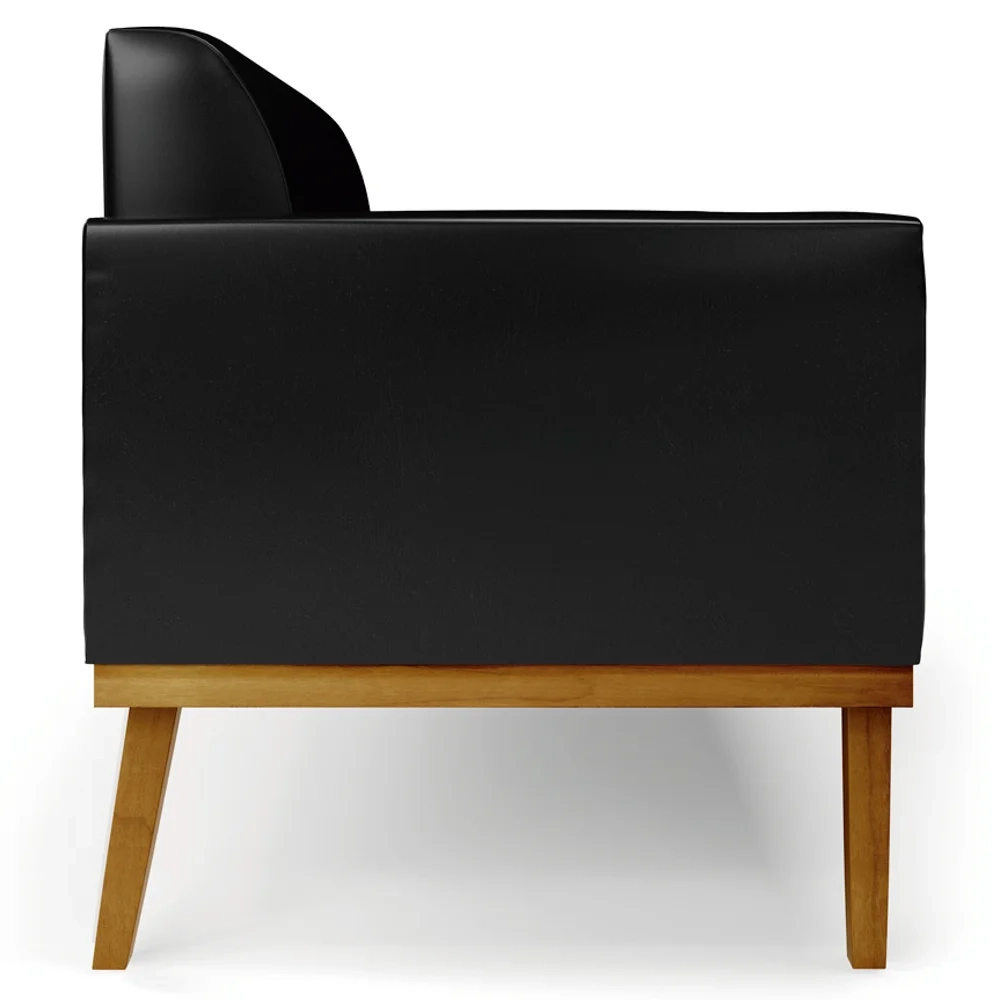 Sofá Namoradeira e 2 Poltronas Base Madeira Castanho Maressa Sintético PU Preto - Ibiza