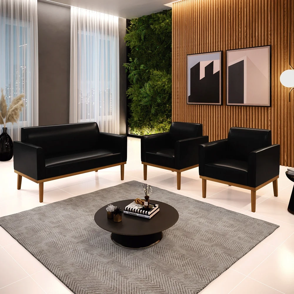 Sofá Namoradeira e 2 Poltronas Base Madeira Castanho Maressa Sintético PU Preto - Ibiza