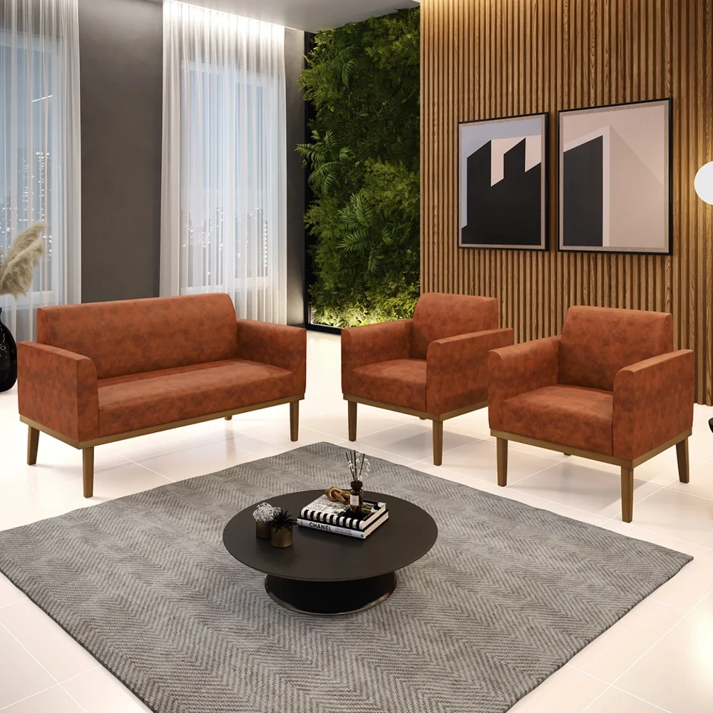 Sofá Namoradeira e 2 Poltronas Base Madeira Castanho Maressa Sintético PU Nozes - Ibiza