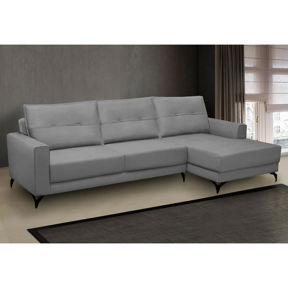 Sofá 4 Lugares com Chaise Direito 265cm Soreh F05 Veludo Prata - Mpozenato