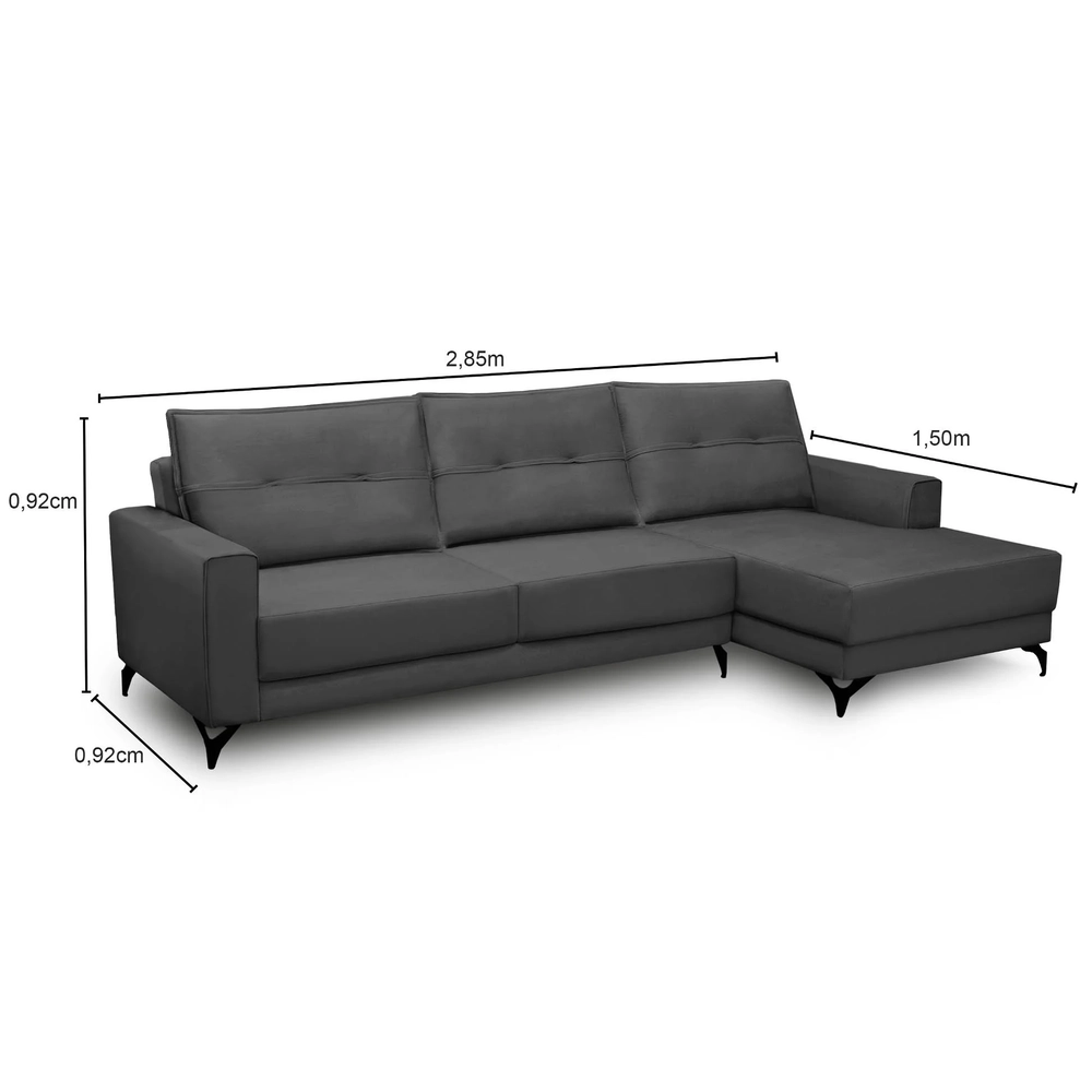 Sofá 4 Lugares com Chaise Direito 285cm Soreh F05 Veludo Grafite - Mpozenato